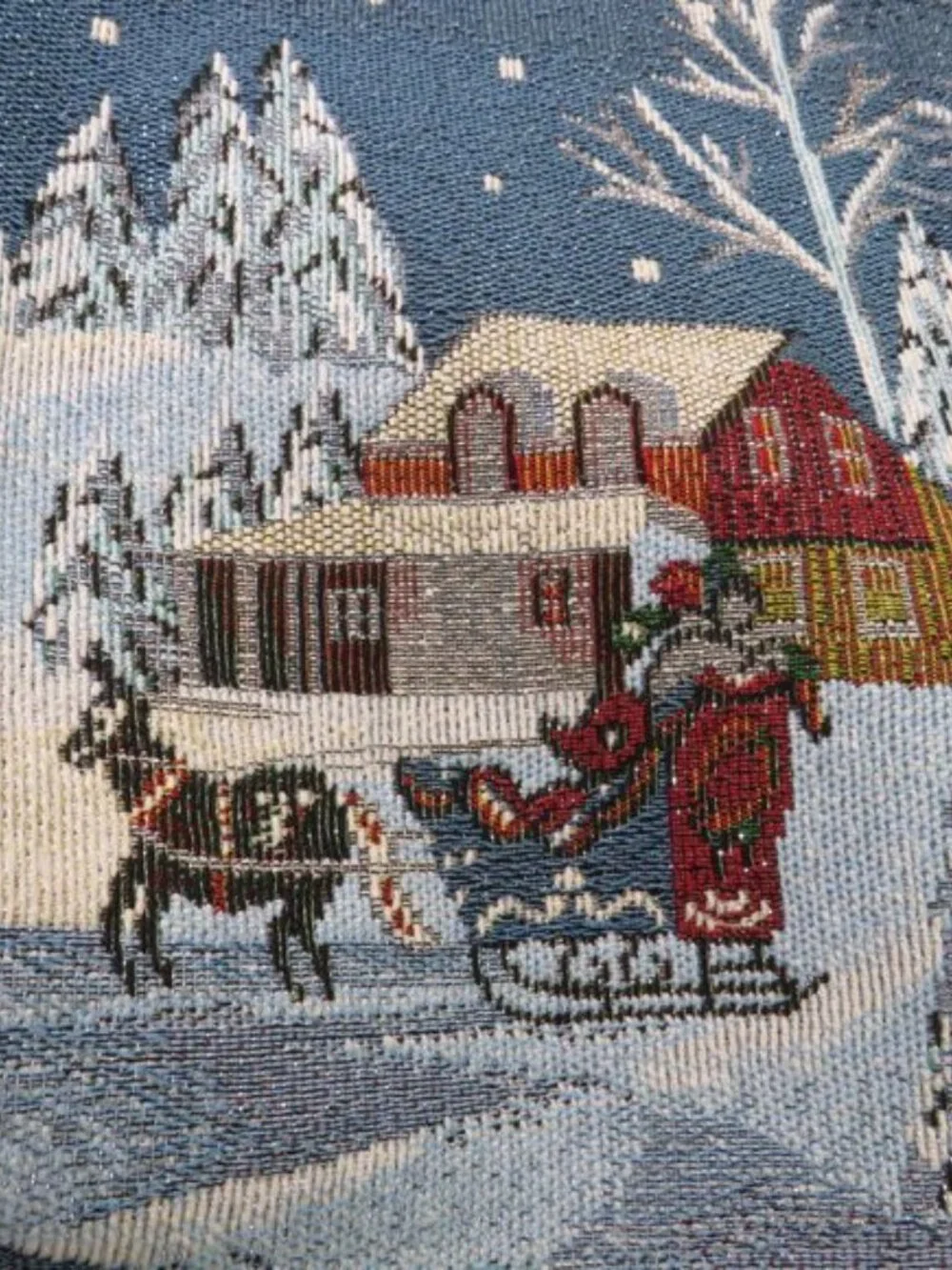 Winter Sleigh Ride Tapestry Table Runner Moonlit Snowy Village, Sparkle Accent